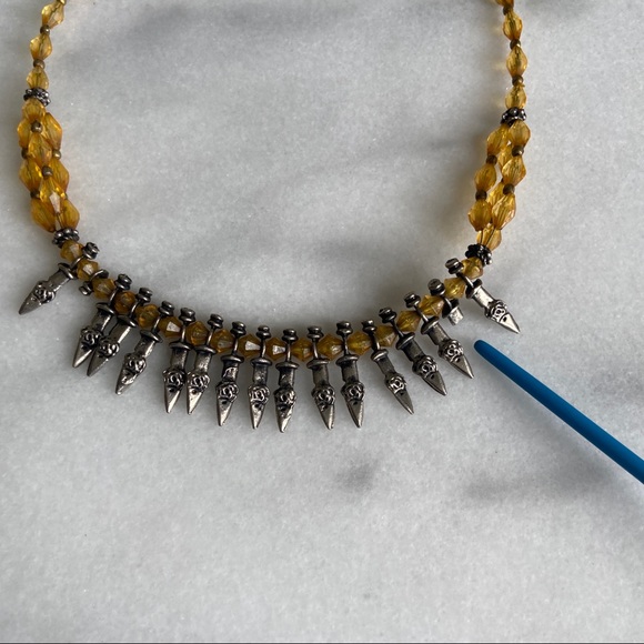 VINTAGE • Bohemian Vamp Spiked Beaded Necklace Hippie Savage Yellow Silver Tone - Picture 5 of 8